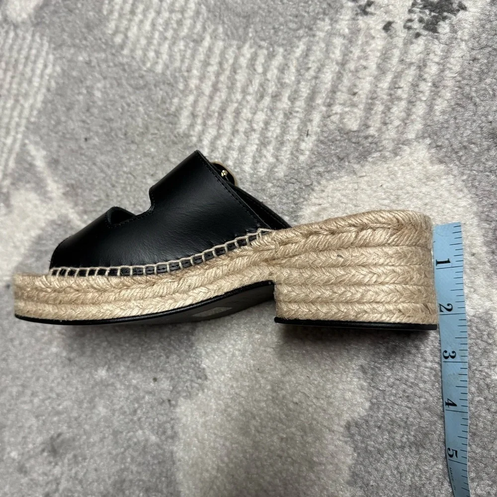 J. Crew Made in Spain Black Leather Gold Buckle Block Heel Espadrilles